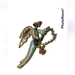 Signed Kirks Folly Gold Tone Enamel Angel Fairy Rhinestones Harp